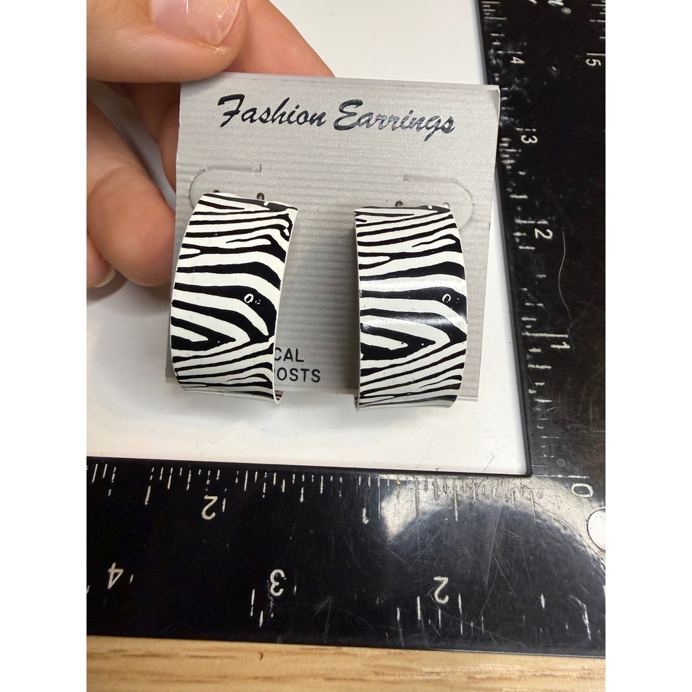 Zebra Print Wide Hoop Earrings Black White Animal Pattern Surgical Steel Posts
